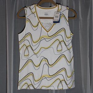 IZOD Ladies White with Yellow Gray Black Swirl Sleeveless V-Neck Top Medium NEW